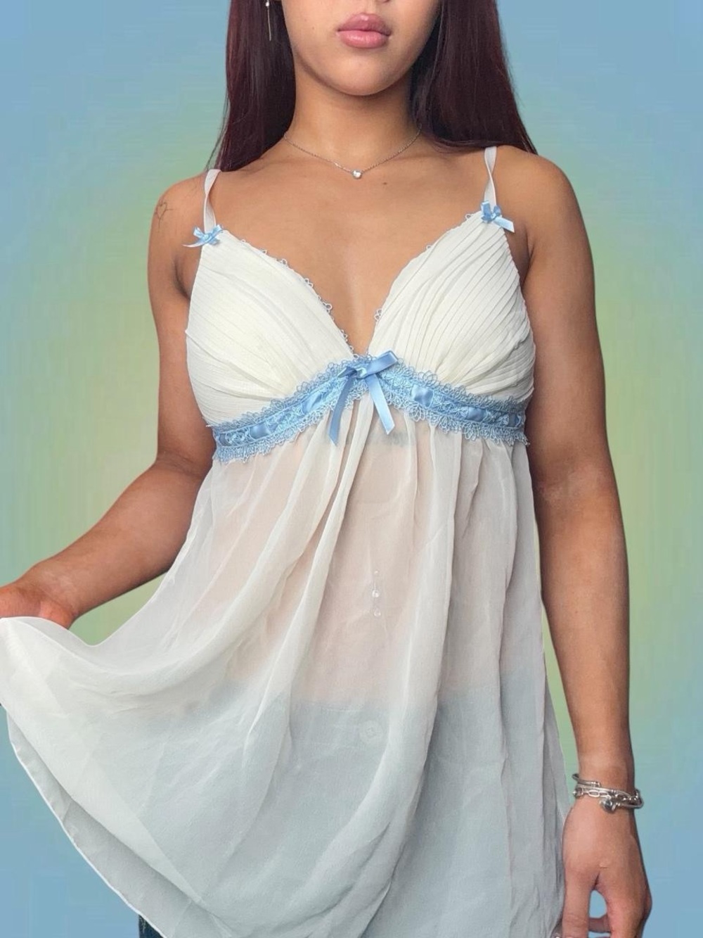 La Vie En Rose Ivory Chemise with Light Blue Lace Trim